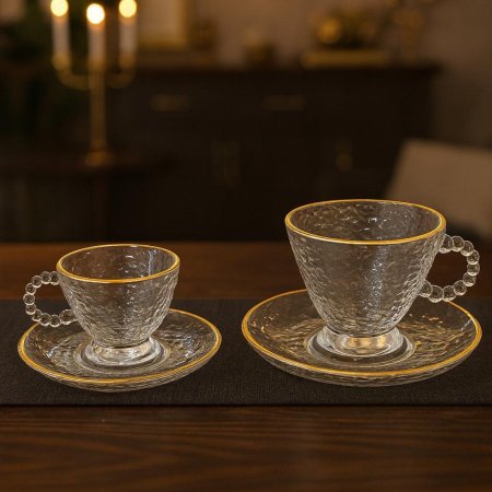 طقم كاسات شاي أو فناجين قهوة قزاز مع حز ذهبي